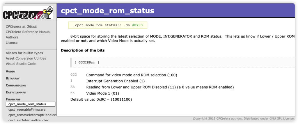 opis funkcji cpct_mode_rom_status w dokumentacji online frameworka CPCTelera 
